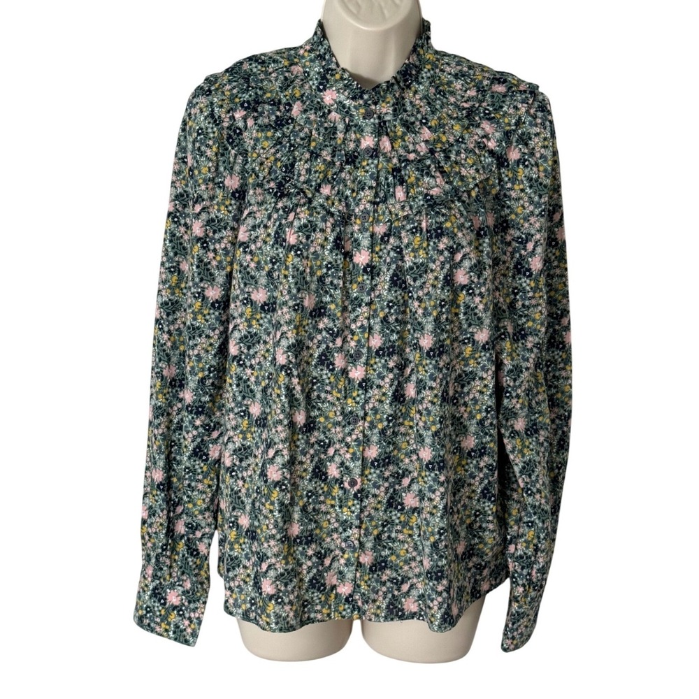 Boden Floral Metallic Button Down Blouse Green Pink Ruffle Neck Long Sleeve Sz 8